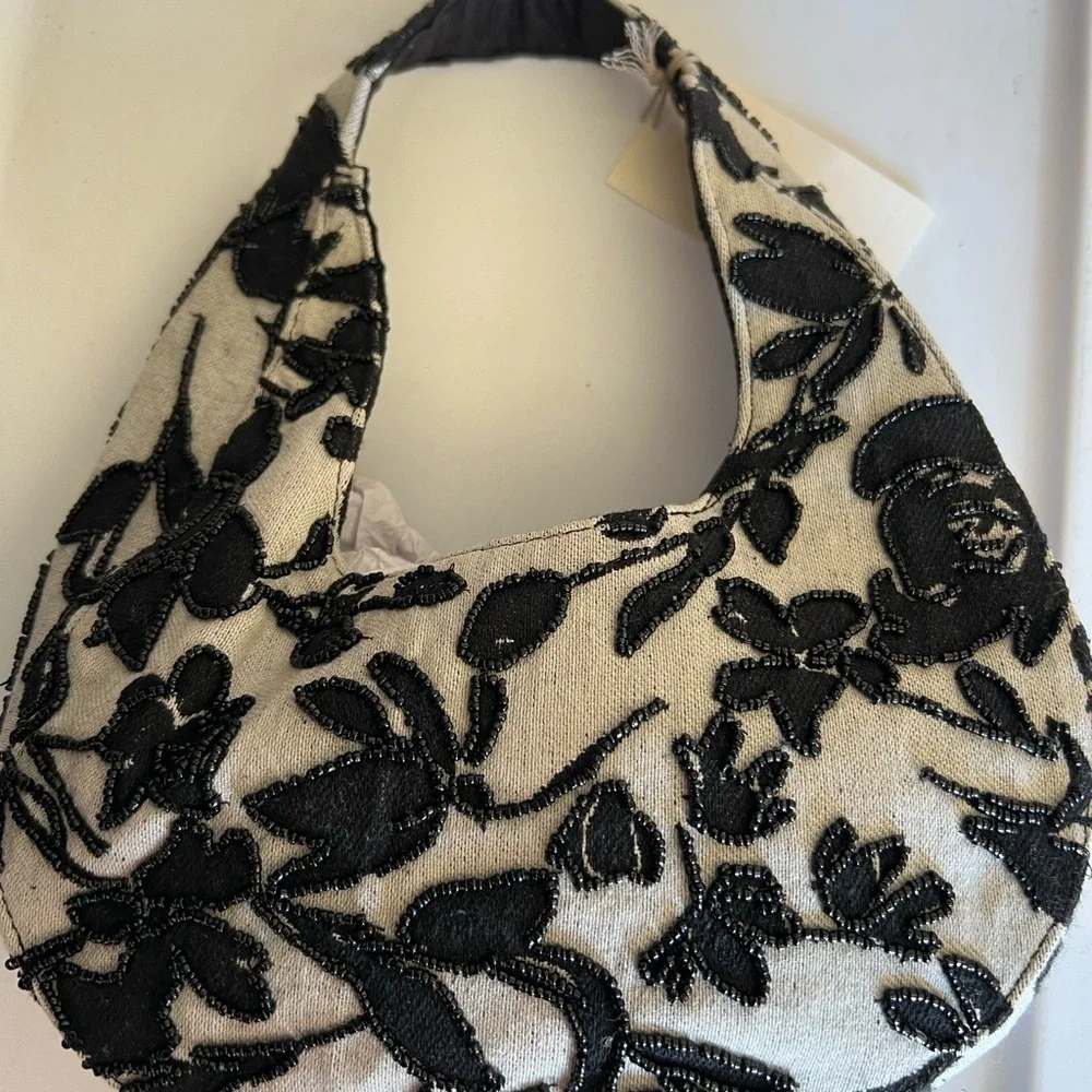 a new day Black Ivory Floral Toille Hobo Bag with Modern Beaded Design::NWT::